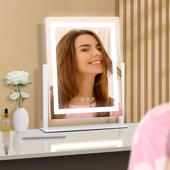 LED Vanity Mirror with Lights, Makeup Mirror with 3 Color Modes, Smart Touch Control, 360° Rotation for Desk,13.2" L x 11.2" W