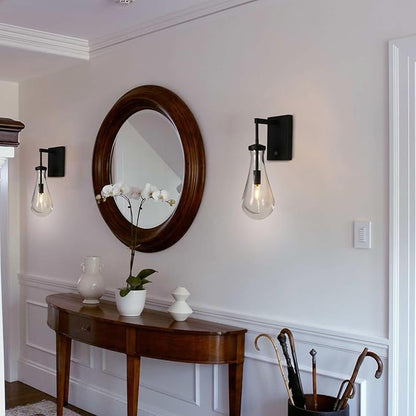 HuisMier Raindrop Wall Sconces, Black Wall Sconces with On/Off Switch, Modern Clear Glass Wall Lamp Vanity Light Fixtures for Bathroom Bedroom Living Room Hallway, Hardwired