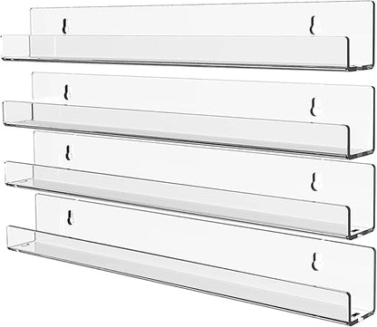 KLGO 4 Pack 15 Inch Acrylic Invisible Kids Floating Bookshelf for Kids Room,Modern Picture Ledge Display Toy Storage Wall Shelf,Clear (4 Pack)