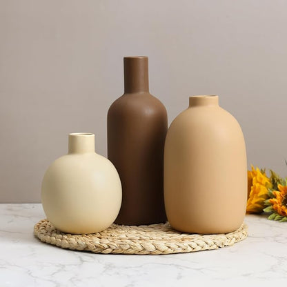 Ceramic Vase Set of 3, Brown Large Rustic Vases for Farmhouse Decor, Pampas Grass & Dried Flowers and Table Living Room Home Decor