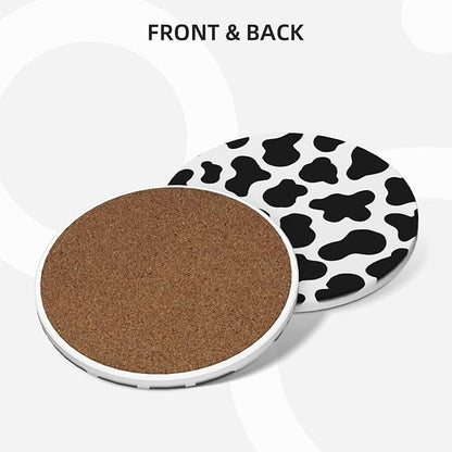 6 Pcs Ceramic Coasters with Holder Absorbent Drink Round Animal Cow White Black Spot Design for Home Table Coffee Cup Wine Beer Bar,Size 4.4 inches