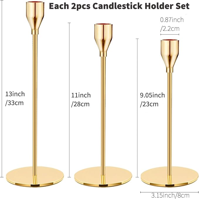 Candlestick Holders 6pcs Taper Candle Stick Holder Set, Mantel Brass Gold Candlestick Holder Set for 3/4" Taper&Led Candle, Modern Stylish Candle Decor for Wedding/Party/Dinning/Anniversary