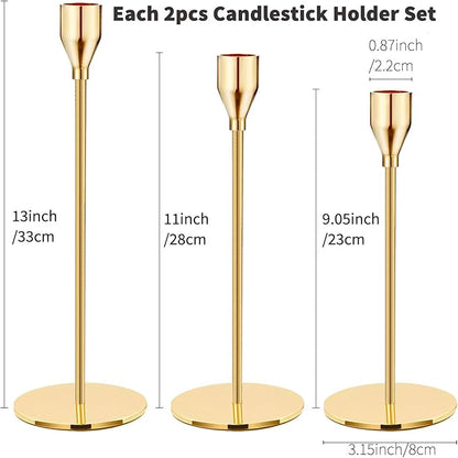 Candlestick Holders 6pcs Taper Candle Stick Holder Set, Mantel Brass Gold Candlestick Holder Set for 3/4" Taper&Led Candle, Modern Stylish Candle Decor for Wedding/Party/Dinning/Anniversary