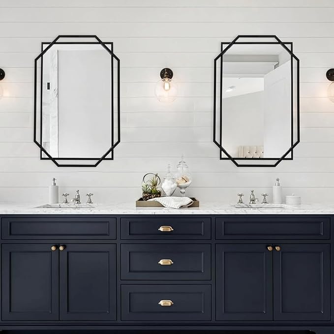 Decorative Wall Mirror, 40" x 28" Black Frame Bathroom Mirror for Wall with Modern Metal Octagonal, for Living Room, Dining Room, Entryway