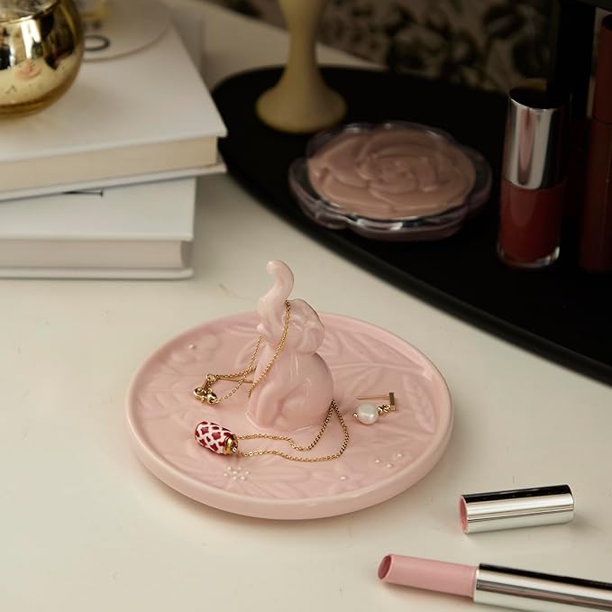 Ceramic Elephant Jewelry Tray - Hand-Painted Trinket Dish & Ring Holder for Dresser, Elephant Themed Home Decor Organizer Bowl for Nightstand, Bathroom Counter (Pink)