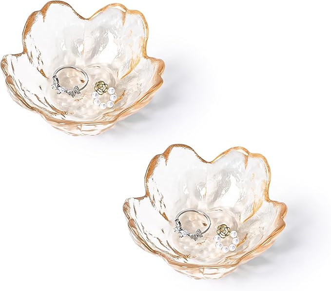 Koythin 2-Piece Glass Jewelry Tray, Mini Ring Dish for Necklace Earring Bracelet, Cute Trinket Tray for Engagement Vanity Bathroom, Crystal Floral Aesthetic Key Bowl for Women Girl Mom (Amber)