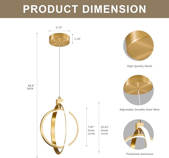 Modern LED Chandelier Gold Ring Pendant Light Fixtures 4000K Dimmable Height Adjustable Pendant Lighting for Dining Room Kitchen Island Bedroom Living Room Foyer（1-Pack）
