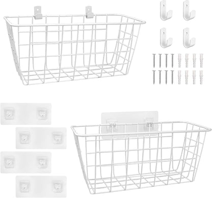 Wire Hanging Wall Basket, 2 White Baskets Set Adhesive Wall Mount Organizer for Pantry Kitchen RV Bathroom Cabinet Storage Organization