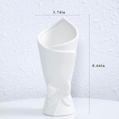 Matte White Bowknot Ceramic Vase, Modern Flower Vases for Home Decor, Pampas, Living Room, Mantel, Table Decoration (Model B)