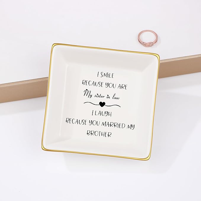 JoycuFF Sister in Law Birthday Gifts from Sister Brother in Law Christmas Mothers Day Gifts for Sister in Law Ceramic Ring Dish Jewelry for Her