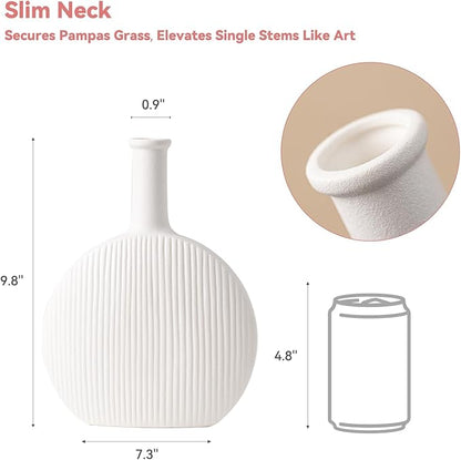 White Ceramic Vase with Vertical Fluted Texture - 9.8" Unique Flower Vase for Pampas Grass & Centerpieces, Decorative Boho/Farmhouse Vase for Living Room, Office Desk & Gift for Her/Yourself