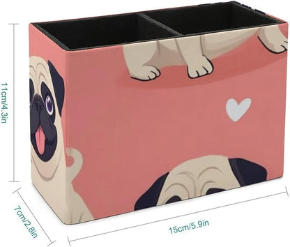 Leather Table Pen Organizer Pencil Pen Holder Office Home Desk Organize Funny Cartoon Pugs Puppy Pink