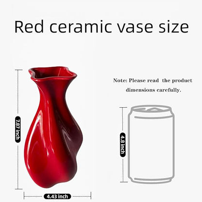 Christmas Red Ceramic Vase for Modern Home Decor - Unique Wavy Shape Decorative Vase for Living Room, Bedroom - Ideal Gift for Women, Valentine's Day, Housewarming (ChifonCyan 7.87 Inches)