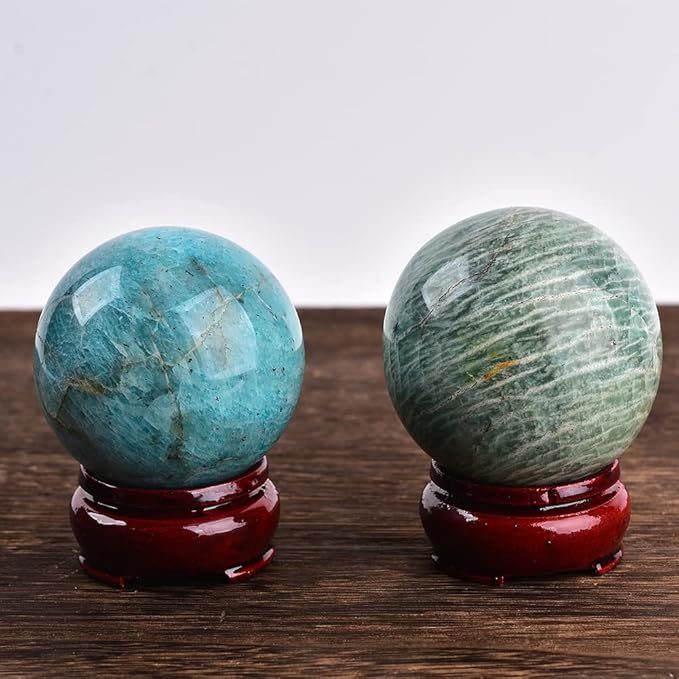 JIC Gem Natural Amazonite Crystal Ball with Wood Stand Gemstone Sphere,Polished Healing Energy Mineral Gemstone Balls for Reiki Chakra Decoration Fengshui (40-50mm)