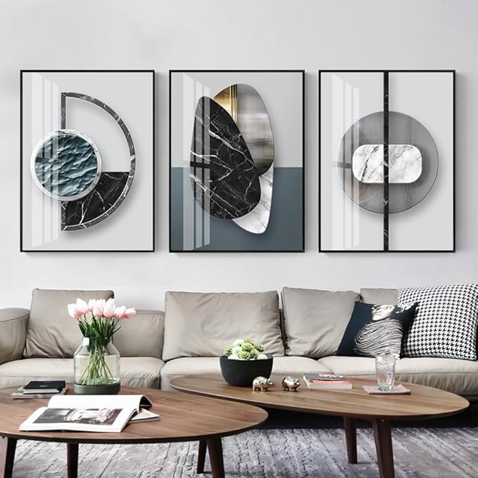 QKF Extra Large Frame Bright Geometry Abstract Canvas Wall Art Modern Home Living Room Bedroom Bathroom Wall Decor Poster & Prints Set of 3 Paintings 24"x 32" (Black Ash, 24" X 32" X 3 pieces)