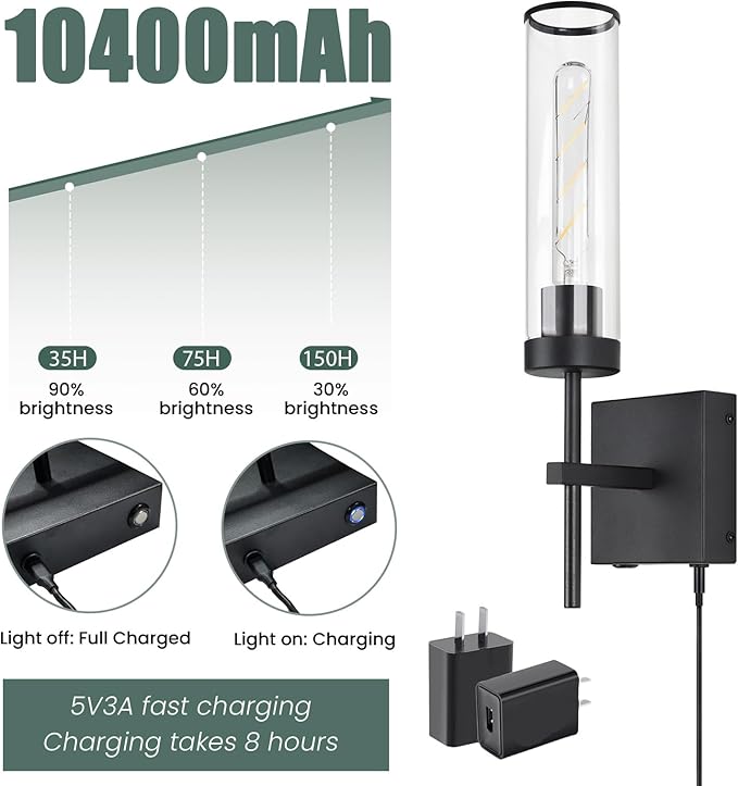 Wall Sconces,Battery Operated Wall Sconce 3000K 10400mAh Fast Chargin Endurance 150 Hours Infinitely Dimmable with Remote Control Wireless Wall Lights for Bedroom Living Room Hallway