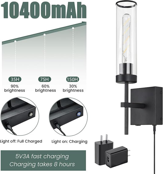 Wall Sconces,Battery Operated Wall Sconce 3000K 10400mAh Fast Chargin Endurance 150 Hours Infinitely Dimmable with Remote Control Wireless Wall Lights for Bedroom Living Room Hallway