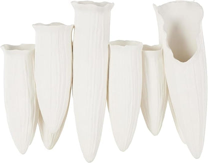Deco 79 Ceramic Abstract Floral Inspired Vase with Linear Grooves and 10 Openings, 14" x 5" x 11", White