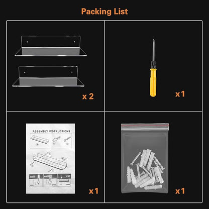 Jansburg 12 Inch L-Shaped Acrylic Floating Shelf Wall Mounted Shelves Invisible 5MM Thick Shelf for Wall Storage Clear Shelves for Makeup Photo Picture Book Record Display 2 Pack