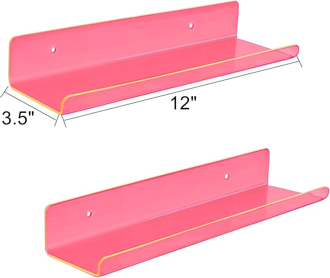 ROYALITA Small Acrylic Shelves Wall Mounted | Set of 2 | 12 Inches | Wall Hanging Plant Display Shelves, Room Decor Floating Wall Shelves for Gaming Room Bedroom, Living Room, Office, Pink