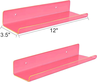 ROYALITA Small Acrylic Shelves Wall Mounted | Set of 2 | 12 Inches | Wall Hanging Plant Display Shelves, Room Decor Floating Wall Shelves for Gaming Room Bedroom, Living Room, Office, Pink
