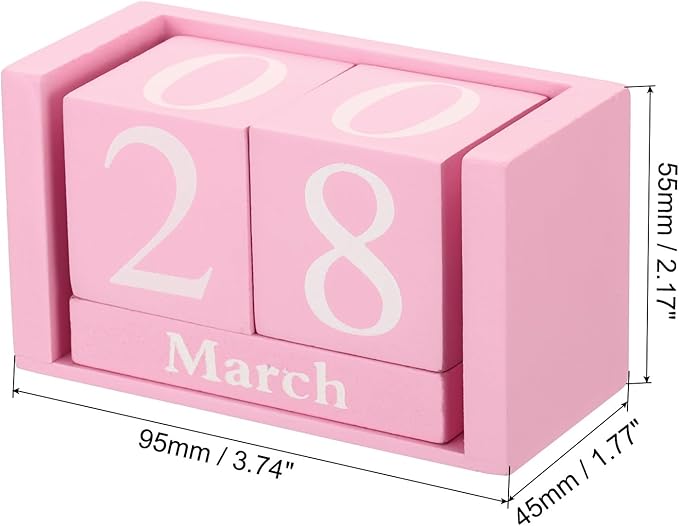 PATIKIL Vintage Wood Block Perpetual Calendar, Reusable Wooden Month Date Display Blocks for Desk Office Home Decoration 3.7", Pink