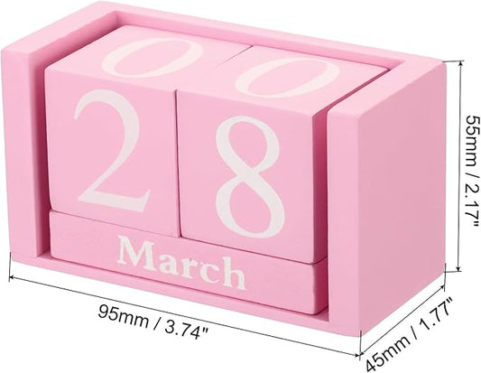 PATIKIL Vintage Wood Block Perpetual Calendar, Reusable Wooden Month Date Display Blocks for Desk Office Home Decoration 3.7", Pink