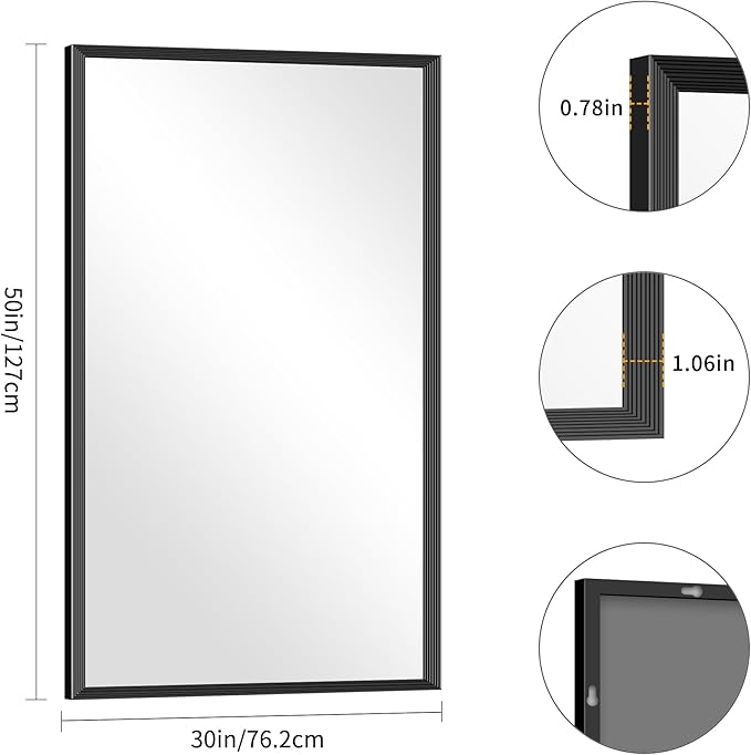 Black Bathroom Mirror 30 x 50 Inch Rectangle Wave Beveled Frame for Wall Bathroom Vanity Mirror for Over Sink, Tempered Glass,for Entryway Hangs, Bathroom Living Room Horizontal or Vertical