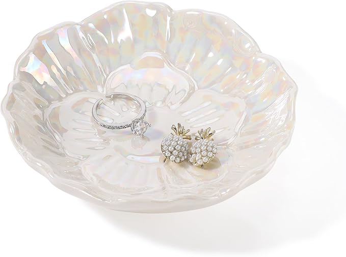 Flower Ring Dish Holder,Jewelry Dish Tray,Small Trinket Tray,Jewelry Plate Bowl,Key Bowl,Decorative Plate,Birtdhay Christmas Gifts for Women Friends,Ceramic Pearl White
