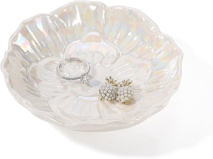 Flower Ring Dish Holder,Jewelry Dish Tray,Small Trinket Tray,Jewelry Plate Bowl,Key Bowl,Decorative Plate,Birtdhay Christmas Gifts for Women Friends,Ceramic Pearl White