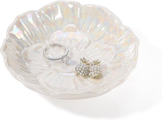 Flower Ring Dish Holder,Jewelry Dish Tray,Small Trinket Tray,Jewelry Plate Bowl,Key Bowl,Decorative Plate,Birtdhay Christmas Gifts for Women Friends,Ceramic Pearl White