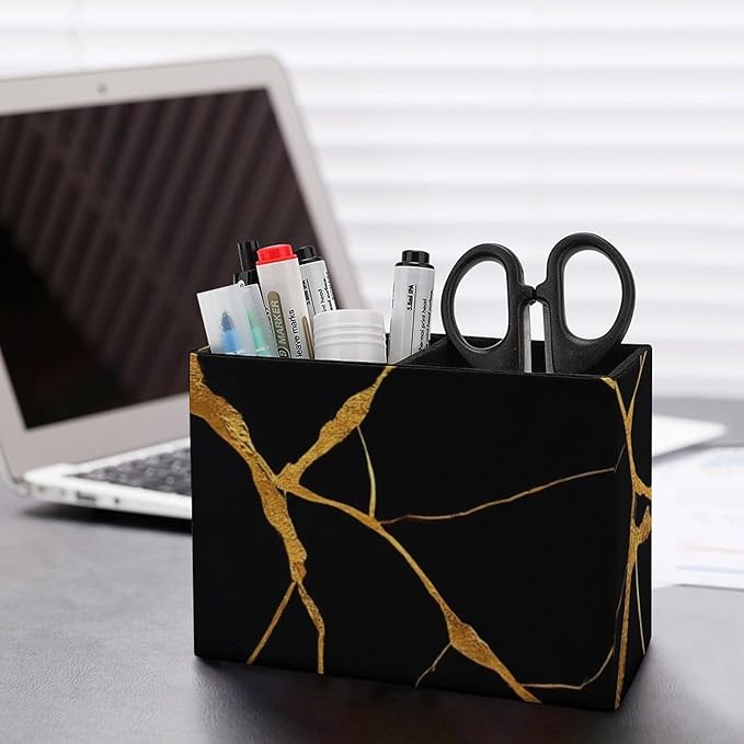 Large Desk Leather Pen Holder Table Pen Organizer Makeup Brush Storage Black Marble Gold Texture