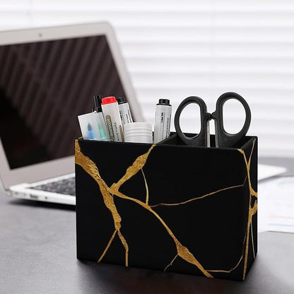 Large Desk Leather Pen Holder Table Pen Organizer Makeup Brush Storage Black Marble Gold Texture