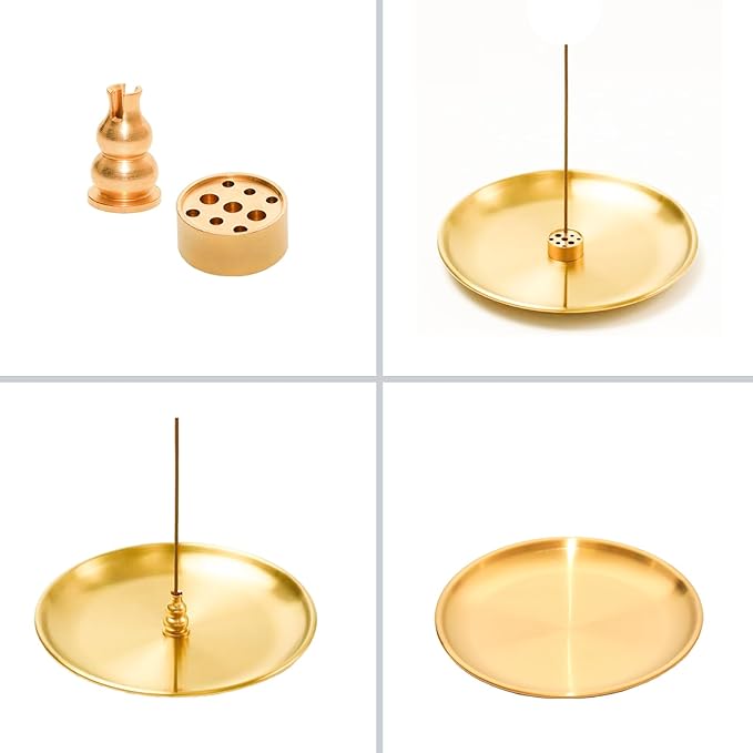 3 in 1 Incense Burner,5.51 Inch Incense Holder Set for Incense Sticks,Coil Incense and Incense Cones,Multi-Functional, Ash Catcher, Easy to Clean, Gourd-Shaped Tray（Gold）