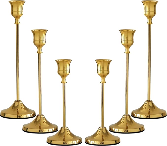 Taper Candle Holders, Tall Vintage Metal Candlestick Holders, 6 PCS Gold Candle Sticks Holders for Home Decor Table Centerpiece Wedding Housewarming Festival, Gold, 2 Sets (6 pcs)