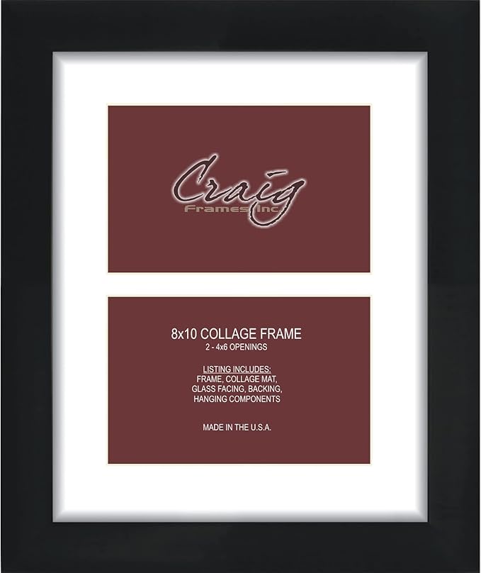 Craig Frames Contemporary, 8x10 Black Picture Frame with White Collage Mat, 2 Openings for 4x6 Prints