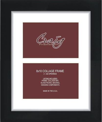 Craig Frames Contemporary, 8x10 Black Picture Frame with White Collage Mat, 2 Openings for 4x6 Prints
