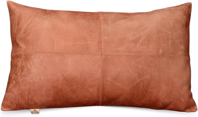100% Lambskin Leather Pillow Cover - Sofa Cushion Case - Decorative Throw Covers for Living Room & Bedroom, 14x22 Inch - Mango Tan Crunch Plain Pack of 2