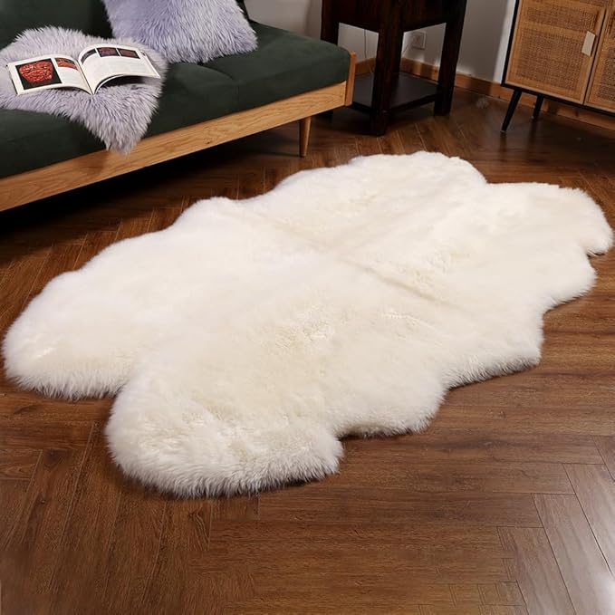 Premium Genuine Fur Sheepskin Rug Real Australia Sheepskin Natural Luxury Fluffy Lambskin Fur Area Rug Seat Covers for Kids Bedroom Sofa Chair Cover (Creamy White, 4ft x 6ft)