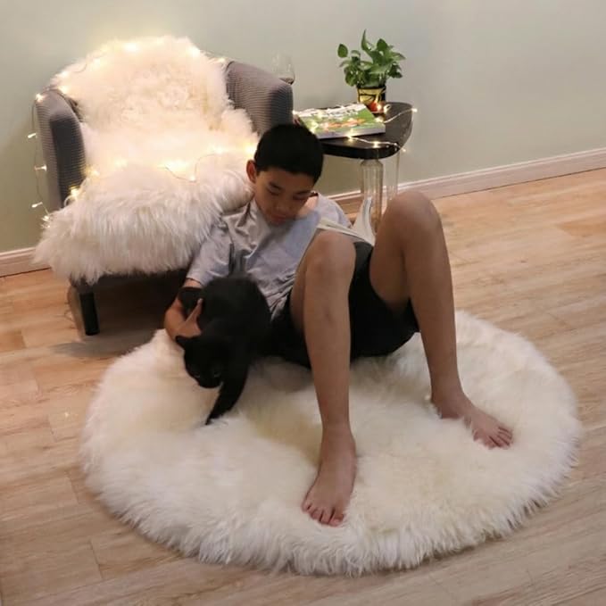 Woolous Round Sheepskin Rug Natural Wool Lambskin, White Circle Area Rug, Ultra Soft & Fluffy Plush Fur Non Slip Carpet for Bedroom, Living Room, Nursery & Floor Decor (3.3x3.3 ft)