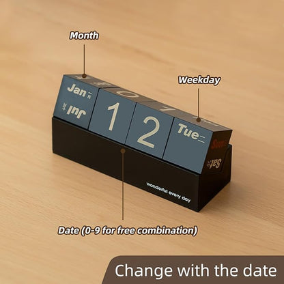 Block Calendar for Desk, Daily Desktop Perpetual Desk Calendar, Cute Date Display Blocks Desk Accessory for Home Office Decor, Teacher, Classroom, Reusable Yearly (Black, No phone holder)