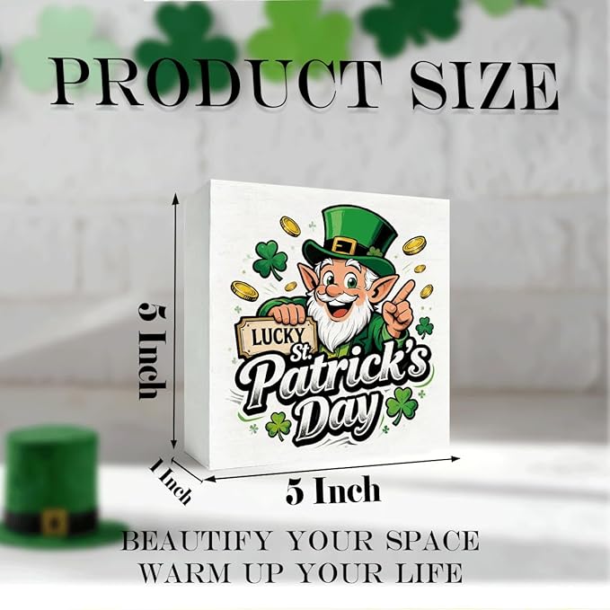 St. Patrick's Day Decor Lucky St Patrick's Day Wooden Box Sign, Cartoon Leprechaun Irish Theme Tabletop Decor for Home Bar Shelf Desk, Farmhouse Holiday Wooden Decoration Party Gift 5 x 5 Inches
