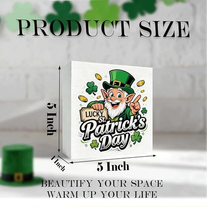 St. Patrick's Day Decor Lucky St Patrick's Day Wooden Box Sign, Cartoon Leprechaun Irish Theme Tabletop Decor for Home Bar Shelf Desk, Farmhouse Holiday Wooden Decoration Party Gift 5 x 5 Inches