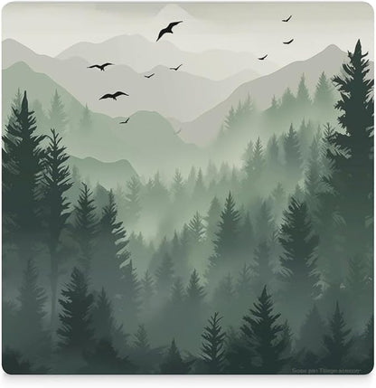Forest Drink Coasters,Square Ceramic Drink Coaster 6PCS, Watercolor Green Forest Flying Birds Nature Mountain Tree Woodland Decor Absorbent Ceramic Coasters for Beverage Cup, Bar, Coffee Table