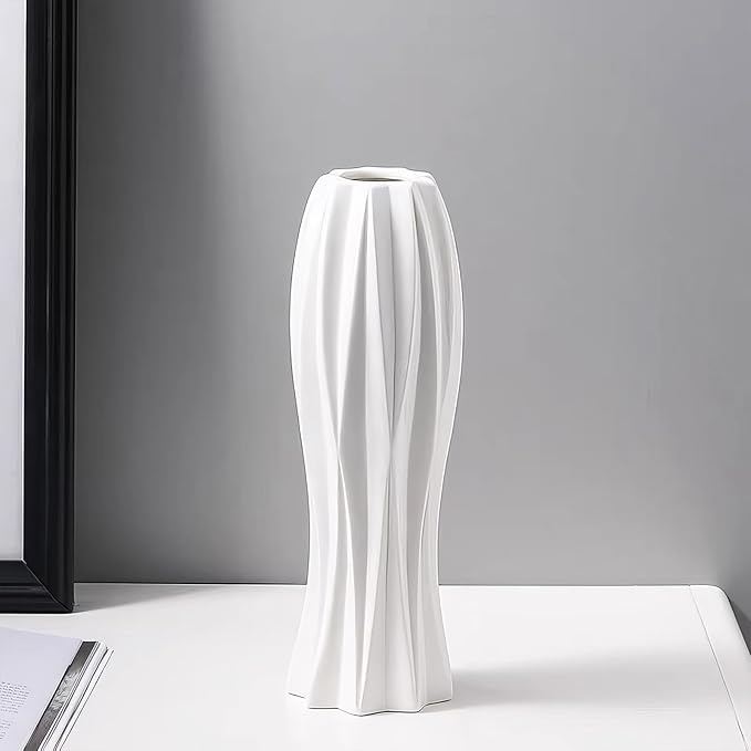 12Inch Tall Ceramic White Flower Vase,Home Decor White Vases for Pampas Grass,Modern Textured Vases for Living Room Decorations,Table Centerpieces,Shelf,Farmhouse Small Ceramic Vase