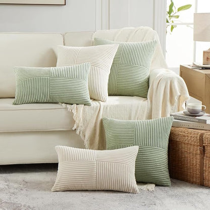 Fancy Homi 2 Packs Sage Green Decorative Throw Pillow Covers 16x16 Inch for Living Room Couch Bed, Rustic Farmhouse Boho Home Decor, Soft Corss Patchwork Corduroy Textured Square Cushion Case 40x40 cm