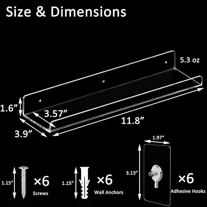 Consss 2 Pack No Drill Floating Shelves for Wall，11.8'' x 3.6'' Clear Acrylic Display Shelf for Living Room,Gaming Room, Office, Bathroom, Bedroom, Kitchen, Invisible Wall Organizers