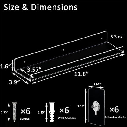 Consss 2 Pack No Drill Floating Shelves for Wall，11.8'' x 3.6'' Clear Acrylic Display Shelf for Living Room,Gaming Room, Office, Bathroom, Bedroom, Kitchen, Invisible Wall Organizers