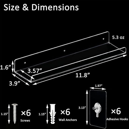 Consss 2 Pack No Drill Floating Shelves for Wall，11.8'' x 3.6'' Clear Acrylic Display Shelf for Living Room,Gaming Room, Office, Bathroom, Bedroom, Kitchen, Invisible Wall Organizers