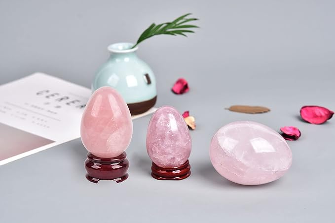 AMOYSTONE Easter Egg Natural Crystal Rose Quartz Gemstone Egg with Base for Home Decoration Stone Small, Height 2-2.3"